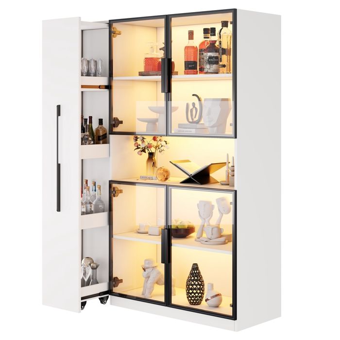 Vitrine Blanc avec éclairage LED Armoire Multifonction avec étagères Coulissantes et Porte en Verre Armoire Haute 110×35×160cm