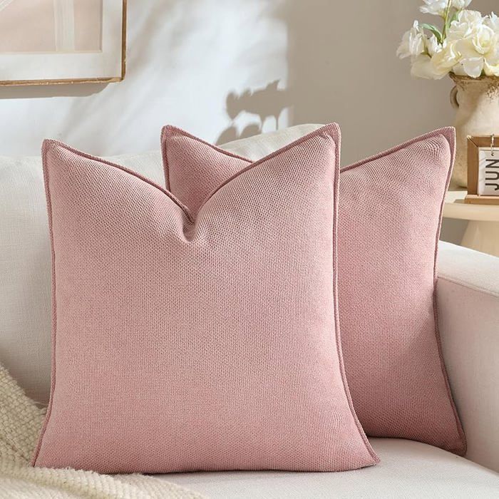 Lot de 2 Housses de Coussin 40 x 40 cm Rose Chenille au décor Moderne Design uni et Neutre avec Bordure 40 X 40 C HOUSSE DE COUSSIN