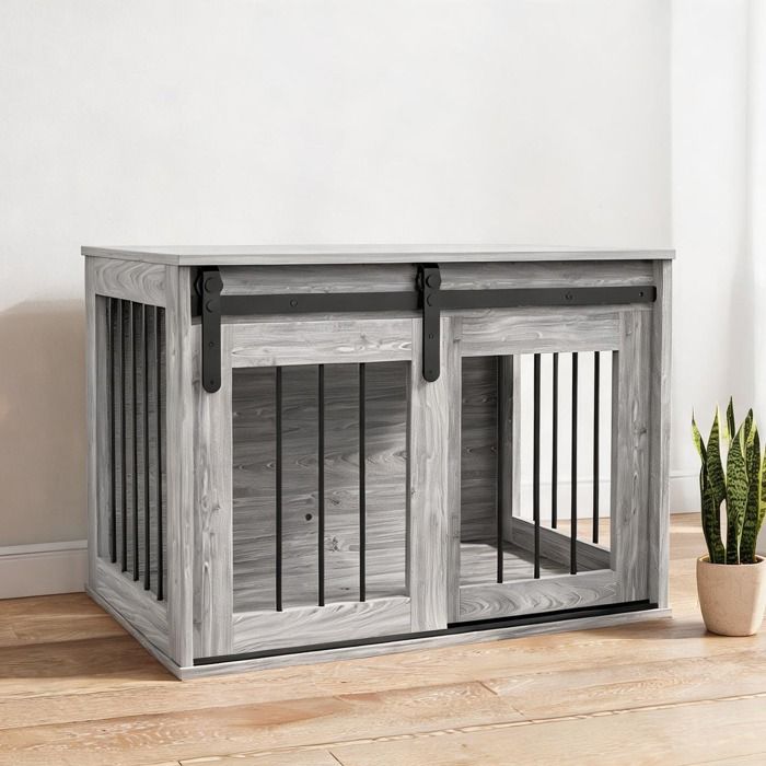 Cage pour chien intérieure design acier et panneaux effet bois porte coulissante 80 x 54 x 57 cm Cage pour chien intérieure design acier et panneaux effet bois porte coulissante 80 x 54 x 57 cm