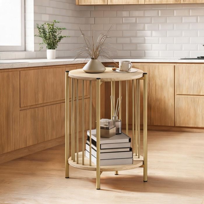 Table dappoint ronde effet bois naturel et acier doré 2 niveaux Ø41 x 49 cm