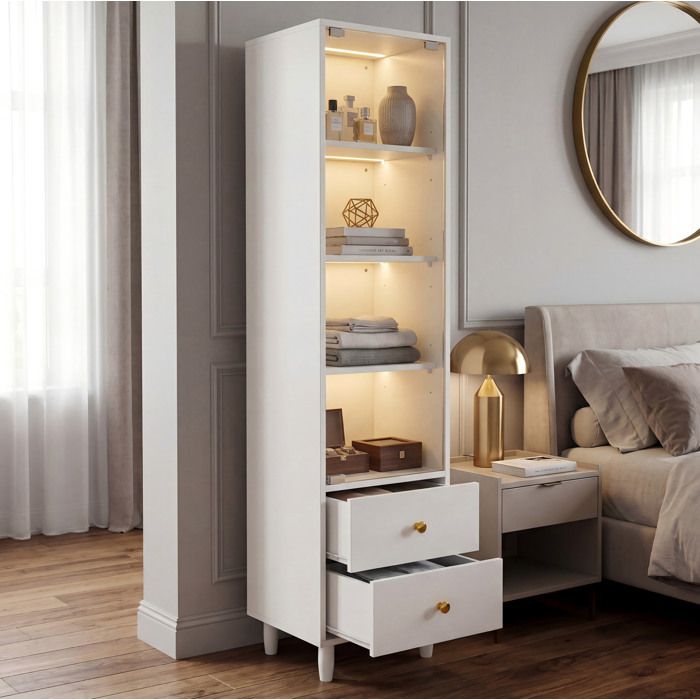 Vitrine blanche avec LED porte vitree 2 tiroirs et poignees dorees 40 x 35 x 165 cm