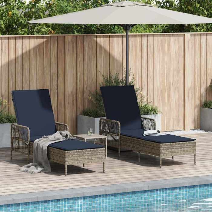 Transat avec coussin (lot de 3) Chaises longues Gris et bleu marine polyrotin LL3234