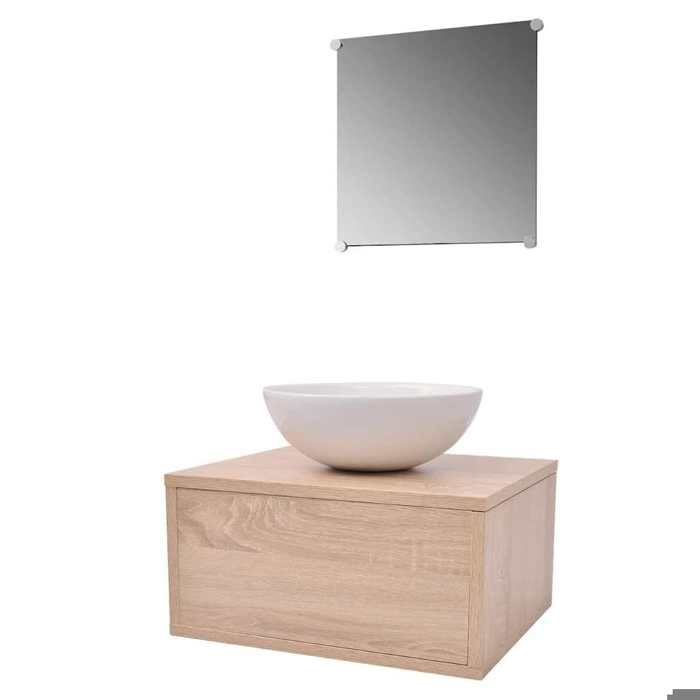 Promo“Meuble de Salle de Bain 4 pcs avec Lavabo et Robinet Beige 280 x 100 mm en aggloméré pour Salle de Bain 362085