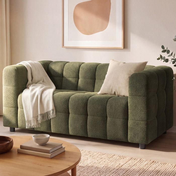 IDMARKET Canapé droit 2 places capitonné AMANCE en tissu chenille vert kaki