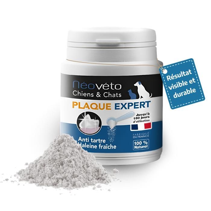 Meilleurs prix pour PLAQUE EXPERT de Néovéto, poudre de soins dentaires naturelle pour chien & chat, anti tarte, haleine fraîche, 100g, 180 cuillerées