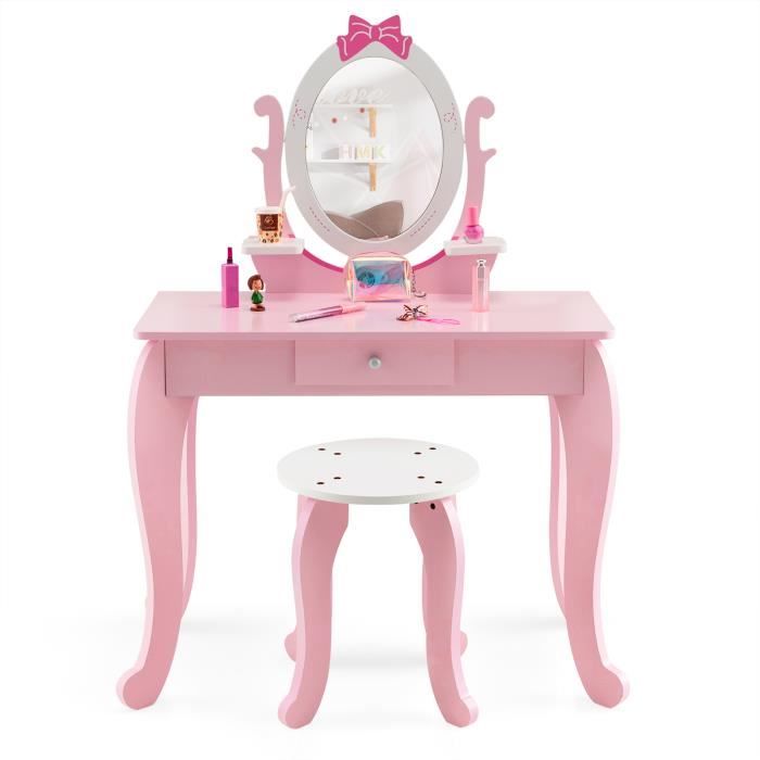 DREAMADE Ensemble de Coiffeuse pour Enfants avec Tabouret Miroir Rotatif à 360 ° Tiroir Pratique Etagère de Rangement Rose