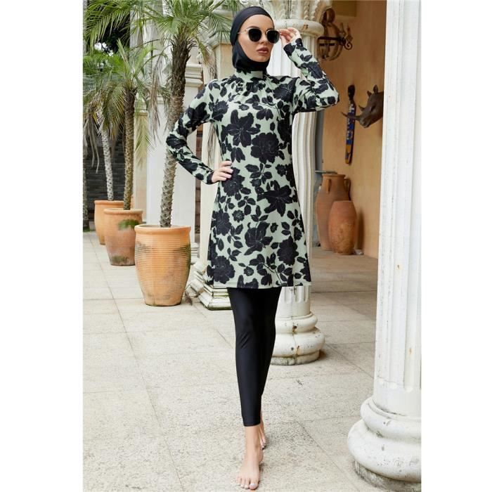 Burkini Maillot De Bain Femme 3 Pièces à Manches Longues Protection UV - Motif Floral + Pantalon + Hijab