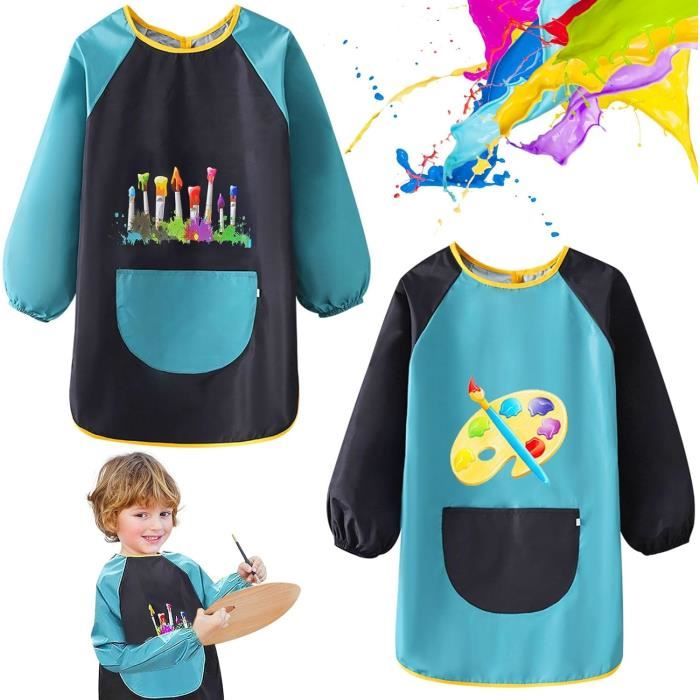 FGen – 2 Blouses Peinture Enfant Manches Longues, Tablier Imperméable 2-8 Ans, Bleu+Noir, Poche Avant, Cadeau Pratique