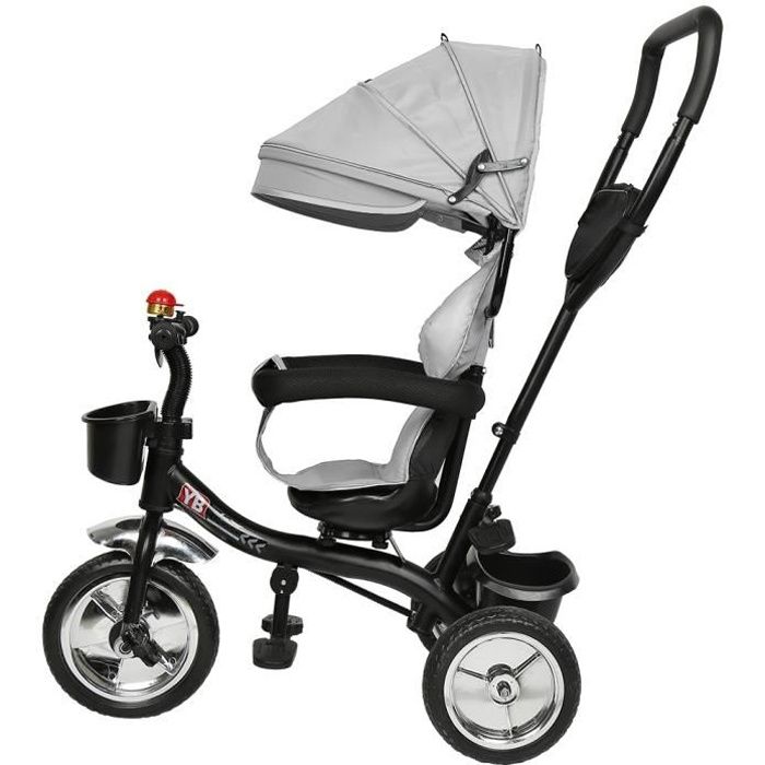 Gris Tricycle Enfant évolutif Pare-Soleil Pliable Canne télescopique Amovible 75×46×106cm