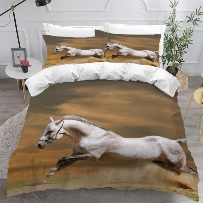 Parure De Lit 220x240 Cm Microfibre - Motif Cheval Brun - 3 Pièces (Housse Couette + 2 Taies 65x65cm)