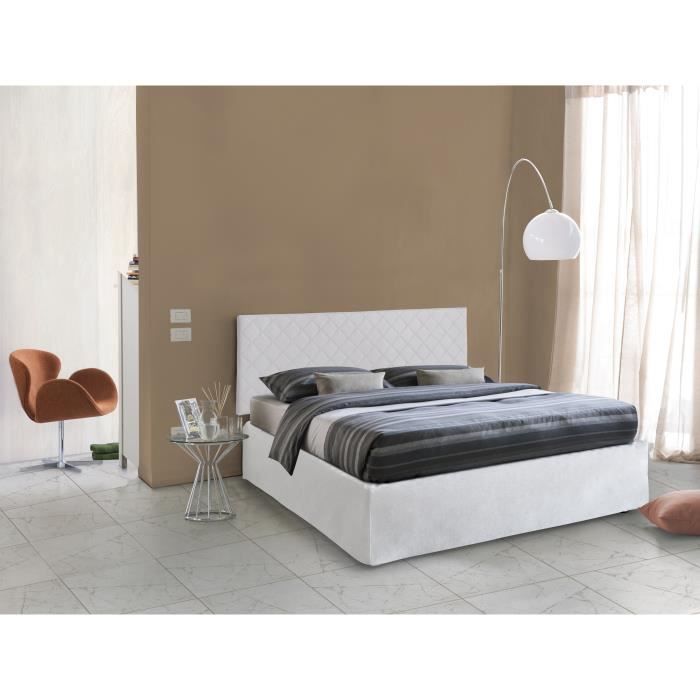 dmora talamo italia lit double cleneide, tête de lit en similicuir avec base orthopédique, avec matelas inclus, 160x190 cm, blanc