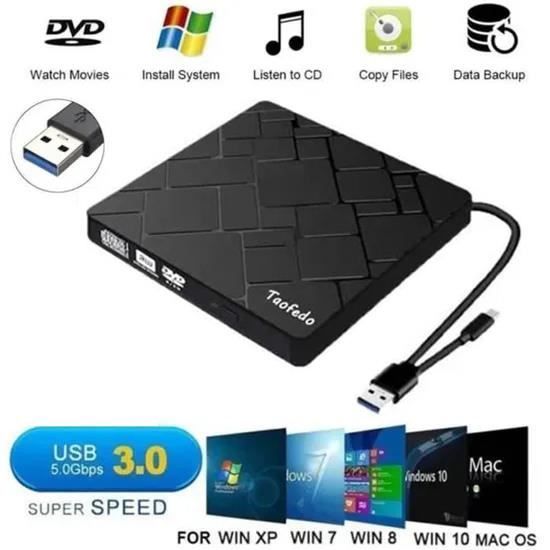 TAOFEDO Graveur Lecteur CD/DVD Externe USB 3.0 Graveur DVD Externe CD Enregistreur RW/ROM Mince ROM Transmission Rapide C&acirc;ble USB Int&eacute;gr&eacute;e 