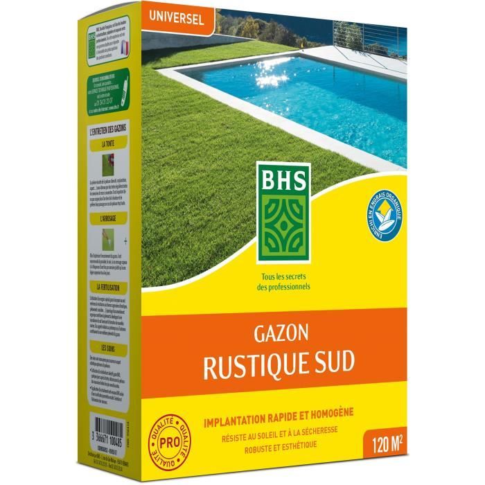 Semence de gazon - BHS - Gazon Rustique Sud - 1kg 40 m². Résistant aux conditions sèches grâce à la fétuque élevée.
