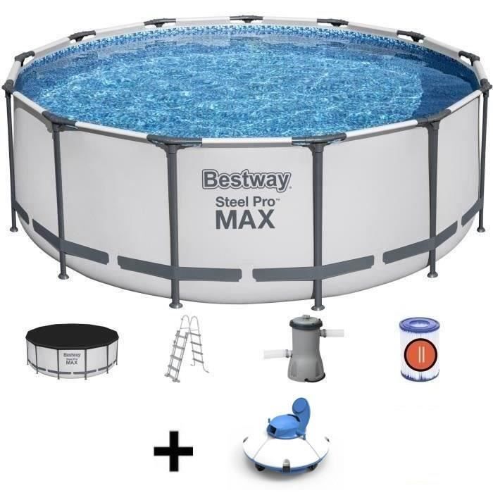Kit Piscine hors sol tubulaire BESTWAY Steel Pro Max - 396 x 122 cm - Ronde + Robot aspirateur Guppy