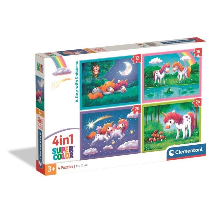 Clementoni Puzzle Enfant 4In1 72 Pièces A Day with Unicorns Fabriqué en Italie 21740