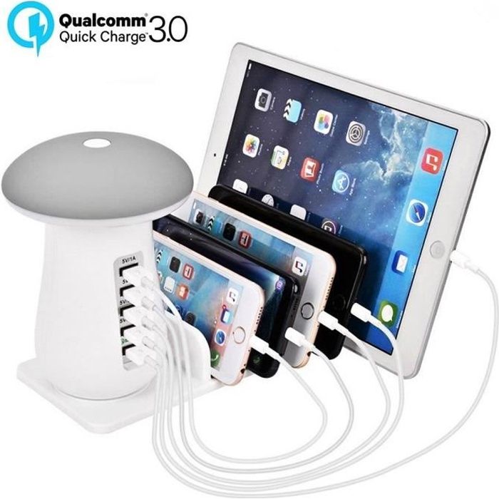 Station de Charge USB, 5 ports USB Organisateur de Quick Chargeur avec  Champignon LED Lampe de bureau pour Apple Samsung Tablettes - Cdiscount  Téléphonie