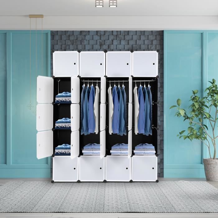 Armoire De Placard Modulaire DIY 12 Cubes Avec Barre De Suspension – 105x45x140 Cm