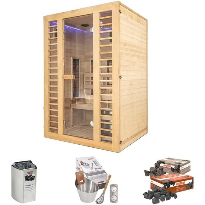 Sauna HOLL's - Venus 2 places - Hybride Vapeur & Infrarouge Dual Healthy - Pack accessoires Premium pour sauna traditionnel Seau &