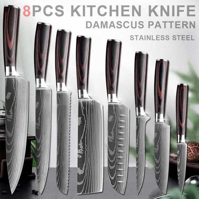 8 pièces/ensemble couteaux de cuisine japonais Chef couteau 7Cr17 acier  inoxydable Laser Damas - Cdiscount Maison
