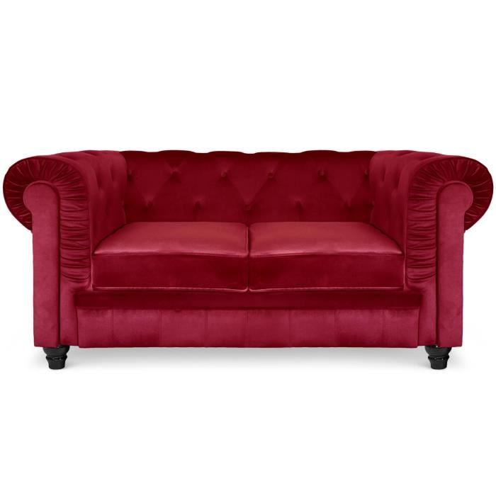 MENZZO Canap&eacute; Chesterfield Velours Capitonn&eacute; Rouge 2 Places