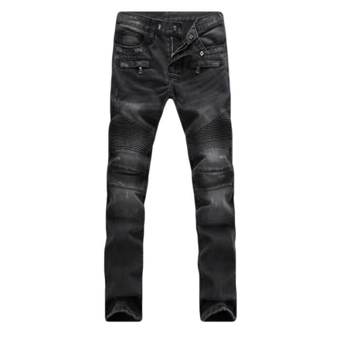 boutique hugo--jeans fashion slim homme  plissé moto style jeans pantalon homme - noir
