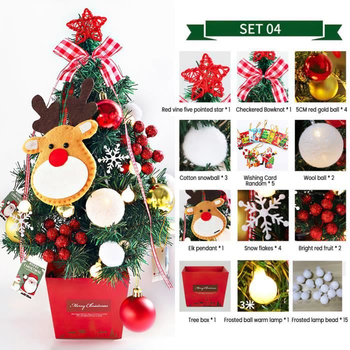 Sapin De Noël Artificiel Mini 60 Cm Avec Guirlande LED Et Décorations - Pour Table, Bureau, Décoration Maison - PVC, Réutilisable - 8