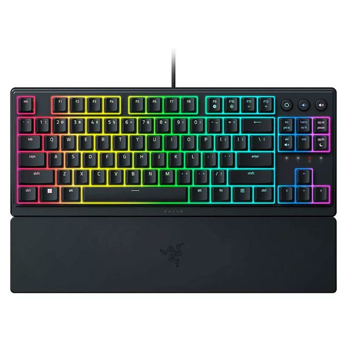 Le Razer Ornata V3 TKL est un clavier filaire avec interrupteurs hybrides méca-membrane. Il offre une expérience de jeu fluide grâce à ses touches à profil bas et un éclairage personnalisable avec 8 zones Razer Chroma RGB. Profitez dun confort optimal avec son repose-poignet magnétique et des touches multimédias dédiées.