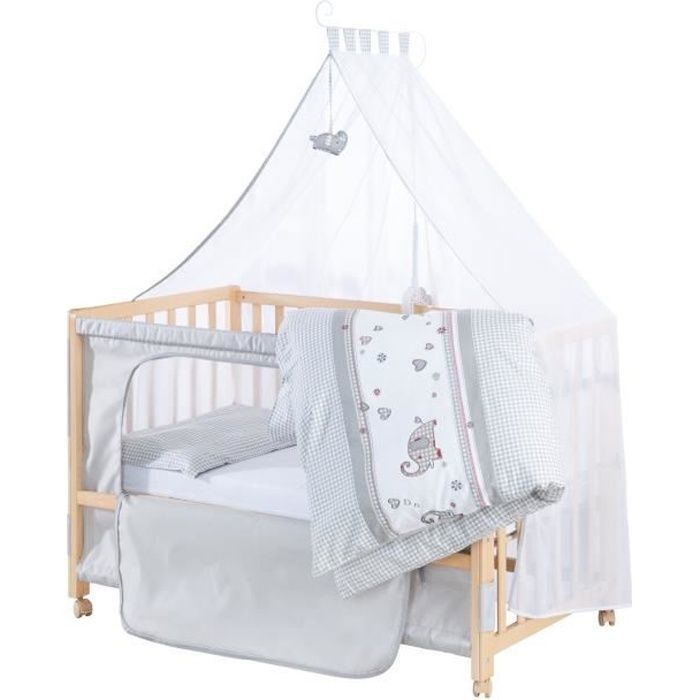 ROBA Lit Cododo Complet Jumbo twins gris 60x120 cm avec 4 roues à freins - Bois Naturel - Motif Éléphant ROBA Lit Cododo Complet Jumbo twins gris 60x120 cm avec 4 roues à freins - Bois Naturel - Motif Éléphant