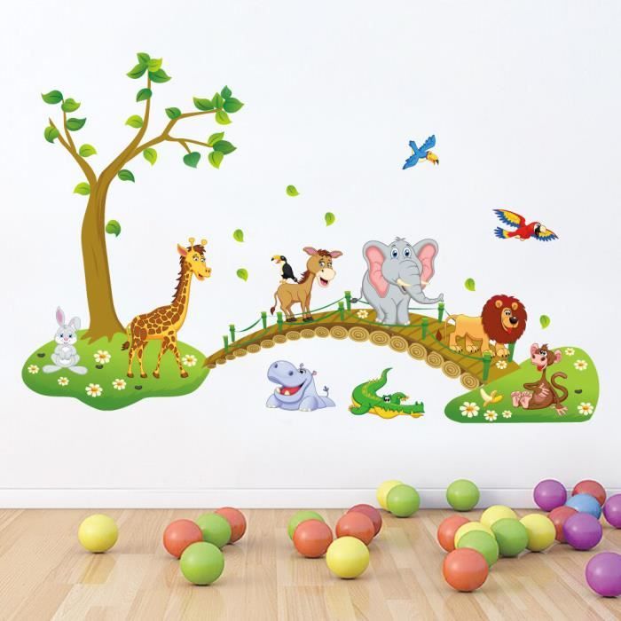 lécureuil et le swing de hibou jeu sur larbre coloré de défilement muraux sticker mural autocollants pour les enfants salle de jeux Jungle forêt animal singe