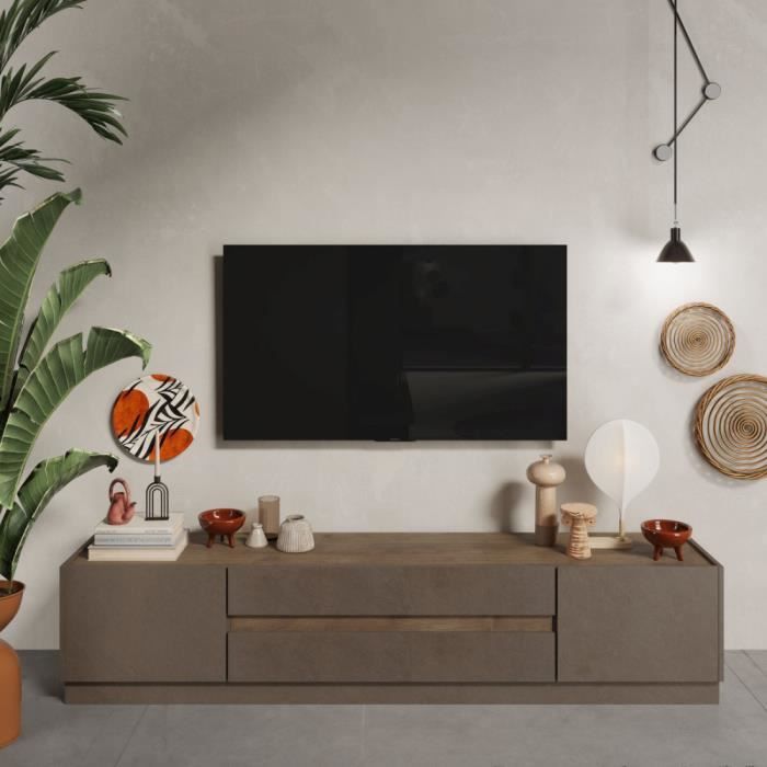 meuble tv - tousmesmeubles - imola - 2 portes 2 tiroirs - bronze/chêne noisette