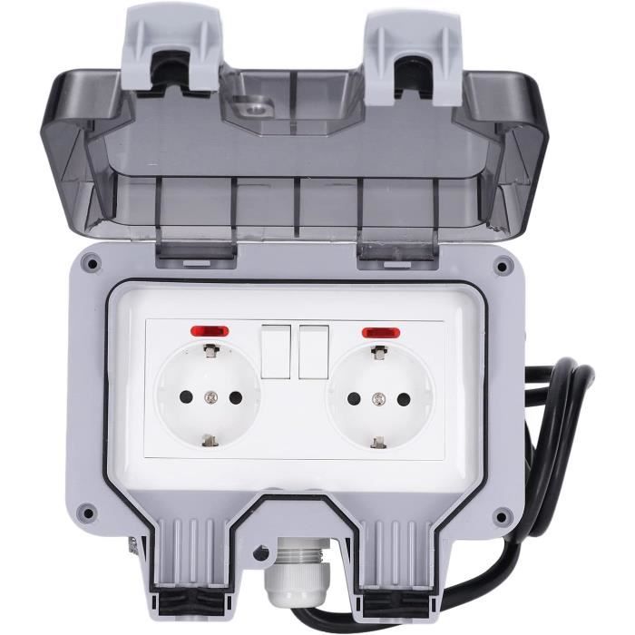 Prise Exterieure Etanche IP66 Double Prise de Courant et Volet de Protection Multiprise Electrique Murale de Jardin, Prise Anti-Poussière et Coupe-Vent avec Interrupteur, Voyant Lumineux (MPG1-FSN