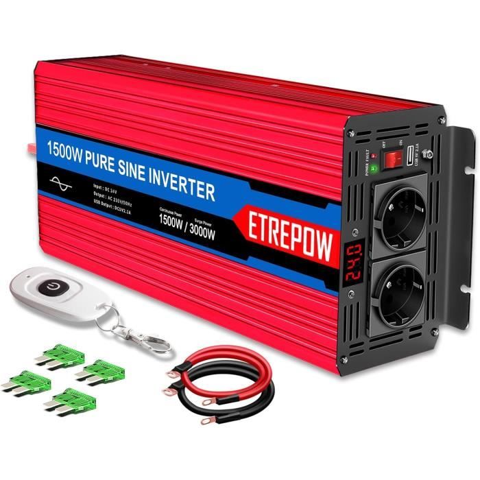 Onduleur 3000W Pur Sinus 24V/220V - 9000W Pic, 2 Prises EU + USB-C, Télécommande LCD