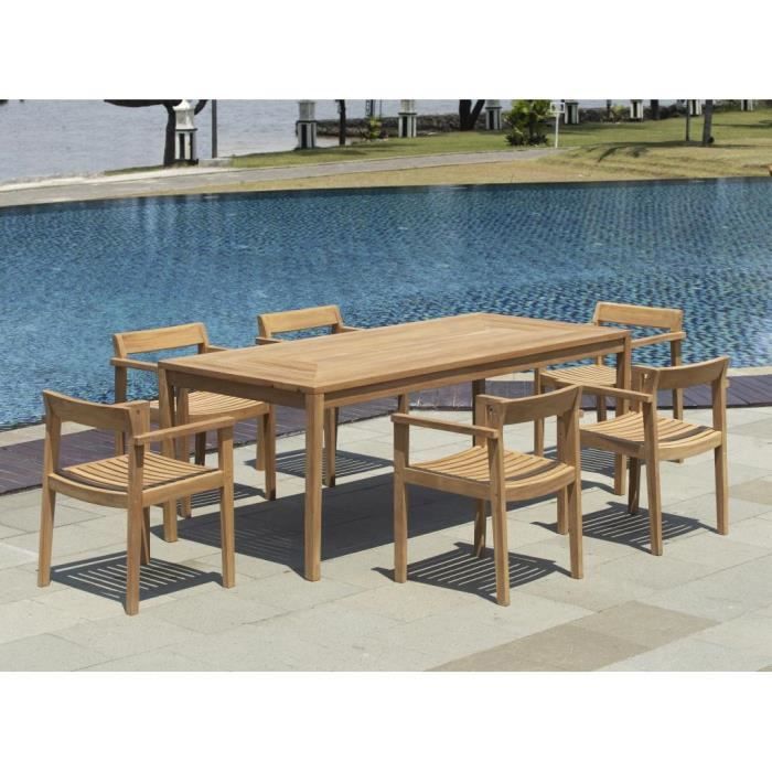 Salle à manger de jardin en bois de teck : 1 table L.200 cm + 6 fauteuils - Naturel clair - ALLENDE