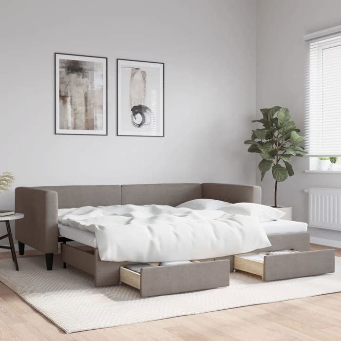 vidaXL Lit de jour avec gigogne et tiroirs taupe 90x200 cm tissu 3196617