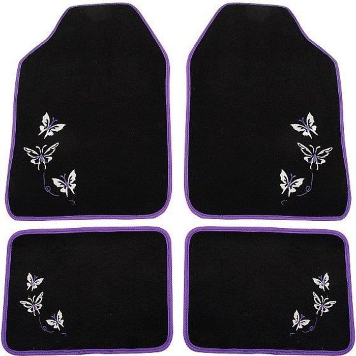 WOLTU Tapis de voiture universel lot de 4Tapis avec broderie papillon tapis de sol pour voiture en tissuNoir + Violet