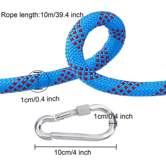 Corde D'Escalade 10mm Statique 10M Avec 2 Mousquetons - Corde De Sécurité Nylon Pour Travail En Hauteur