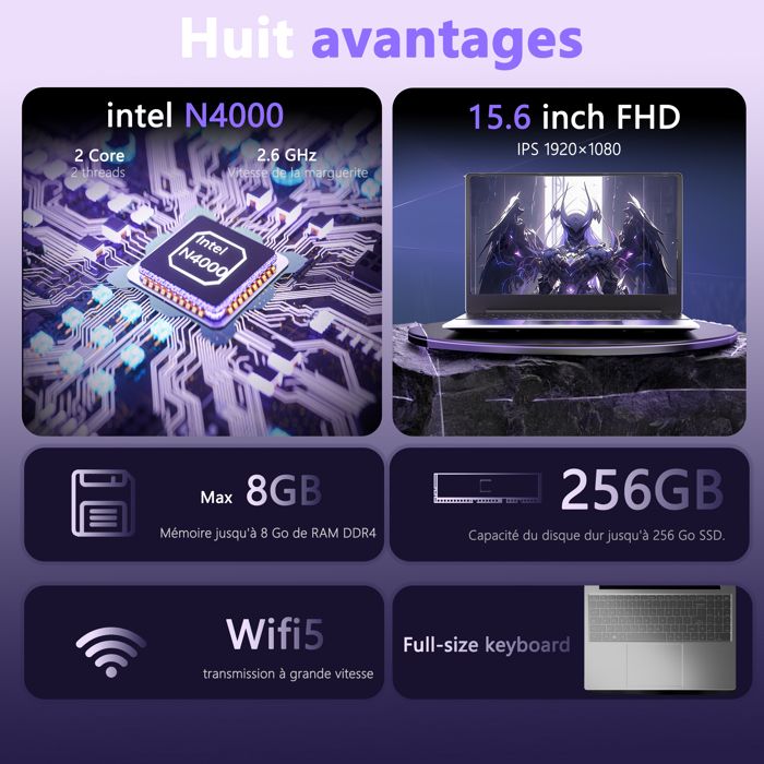 Ordinateur Portable 15,6 Pouces Celeron N4000, Pc Portable 8 Go Ram Lpddr4 Ssd 256 Go Full Hd 1920 X 1080, Laptop Avec Usb 3.0, Wi Fi, Mini Hdmi, Bluetooth 4.2, Prise En