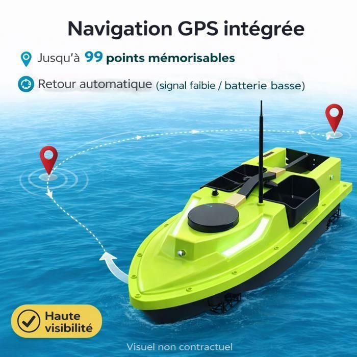Bateau Appât RC GPS – 500 M – Double Moteur – 5200 MAh – 2-3 H – Charge 1 Kg – Retour Auto – Sac Inclus – Idéal Pêcheur