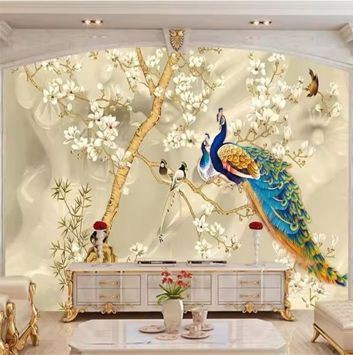 Papier Peint Panoramique 3D peint à la main oiseau dessin paon Magnolia ...