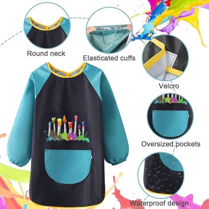WERNNSAI Tablier Peinture Enfant Dinosaure Imperméable - Blouse Art Pour Enfants Avec Manches Longues Et Poches - Idéal 4-12 Ans Vêtement Protection Activité Salissante