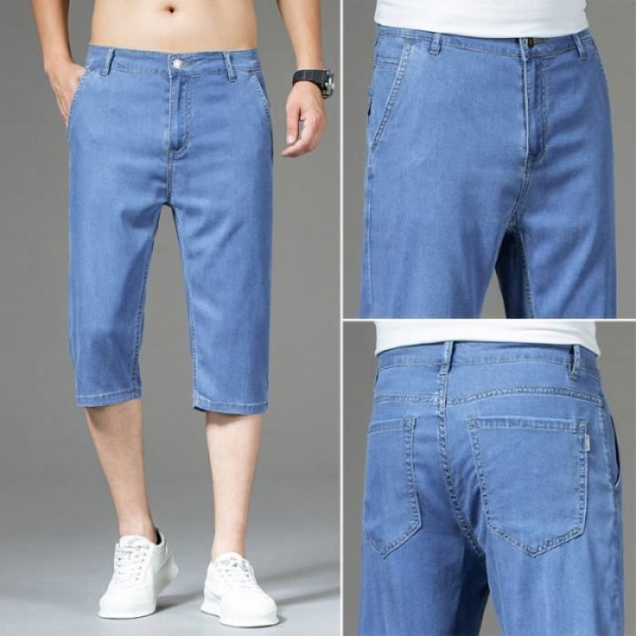 Pantacourt En Jean Leger Pour Homme Stretch Coupe Droite Casual Pantalon Court Ete Respirant Effet Delave Bleu Clair