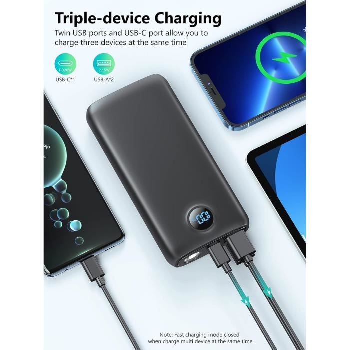 Batterie Externe 10000 MAh 22,5W - Charge Rapide PD/QC3.0 - écran LCD, Câbles Intégrés - 4 Sorties - Pour Smartphone, Tablette