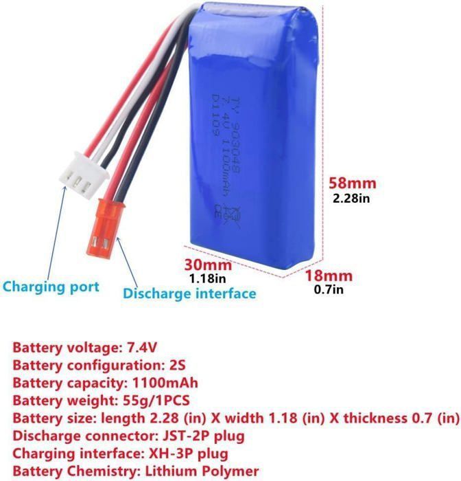 AMZZN Lot De 2 Batteries Lipo 7.4V 1100mAh 30C Avec Chargeur 2 En 1 Pour Voitures RC