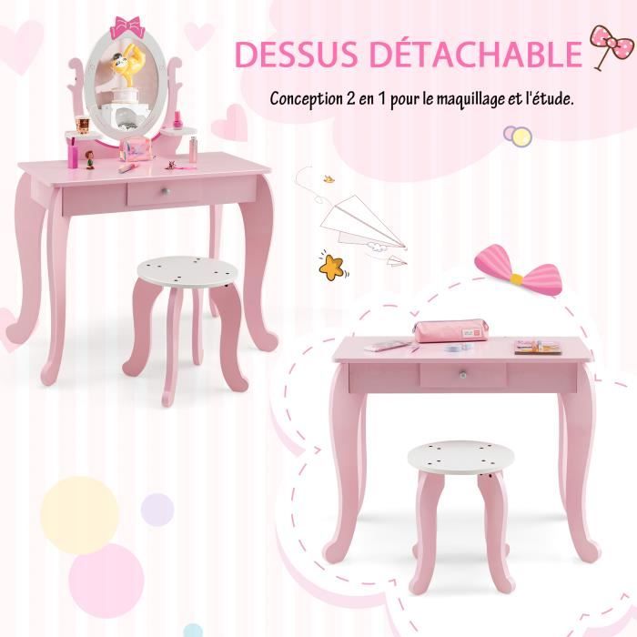Coiffeuse Enfant Avec Tabouret, 3 Tiroirs Et Miroir 360° - Blanc/Rose - Marque Costway - Neuf