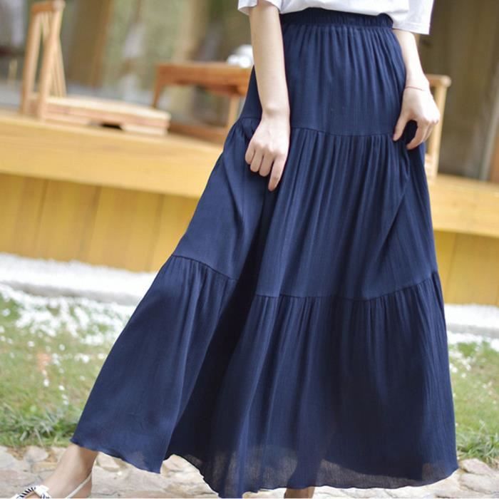 Jupe Femme Casual Style Jupe Taille Haute Maxi Longue Jupe Uni Longue a Cheville Jupe Plissee Boheme Marine 85 CM Marine Cdiscount Pret a Porter