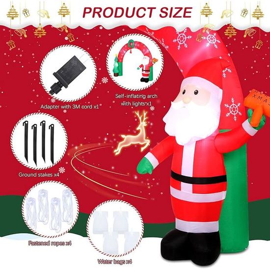 Père Noël Gonflable Géant 240 Cm - Décoration Extérieure Avec Lumières LED - Pour Jardin, Noël XXL