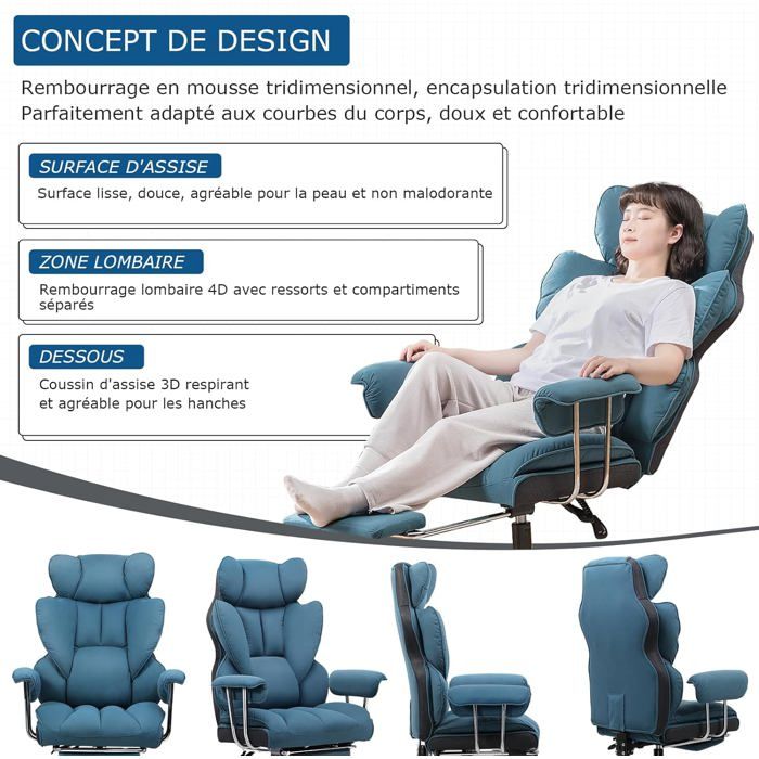 Chaise Gaming Bayt Ergonomique - Repose-pieds Rétractable, Accoudoirs Et Hauteur Réglables, Dossier Inclinable, Rotation 360° - Confort Bureau Et Télétravail (Noir & Bleu)