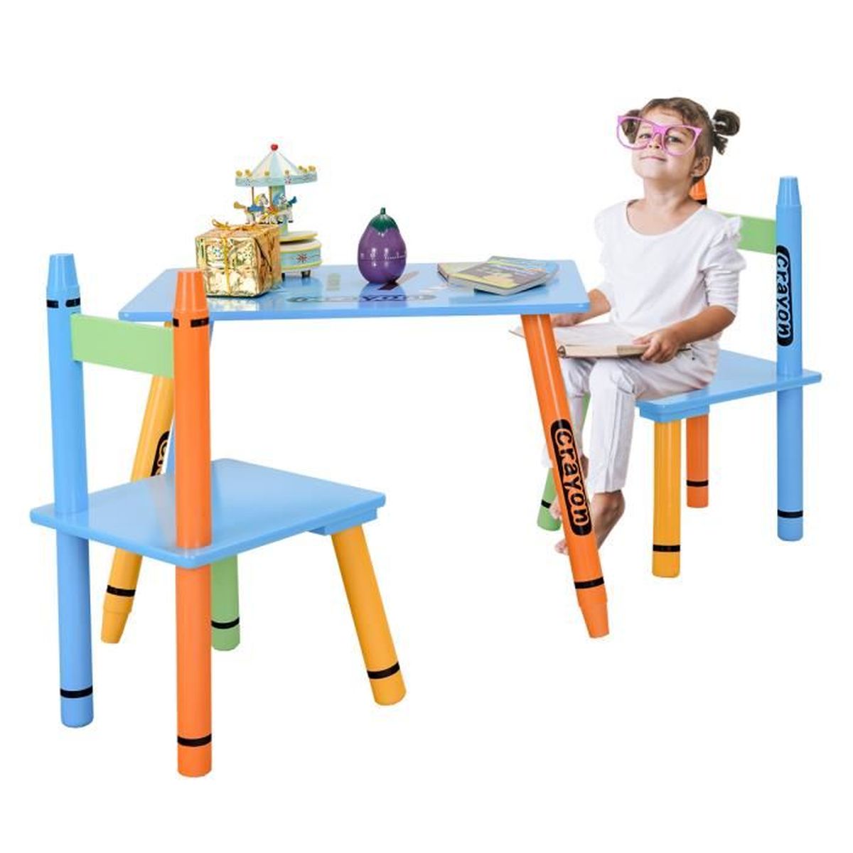 DREAMADE Ensemble Table et 2 Chaises Enfant en Bois avec Forme de Crayon pour Trvailler,Manger,Dessiner,Jouer Filles et Garçons 60 x 36,5 x 42CM Coloré