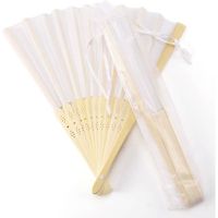 10x eventail tissu de soie blanc + bambou avec sac cadeau moussline faveurs de mariage danse ecriture peinture personnalise