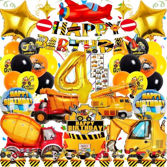 Decoration Anniversaire Chantier Enfant,100 Pcs Garcon Anniversaire Décorations Pelleteuse Camion Ballon Et Vaisselle,Deco - Maison